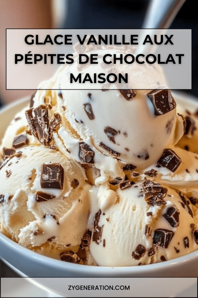 Glace vanille maison aux pépites de chocolat, servie en boules dans une coupe avec morceaux de chocolat et texture crémeuse.