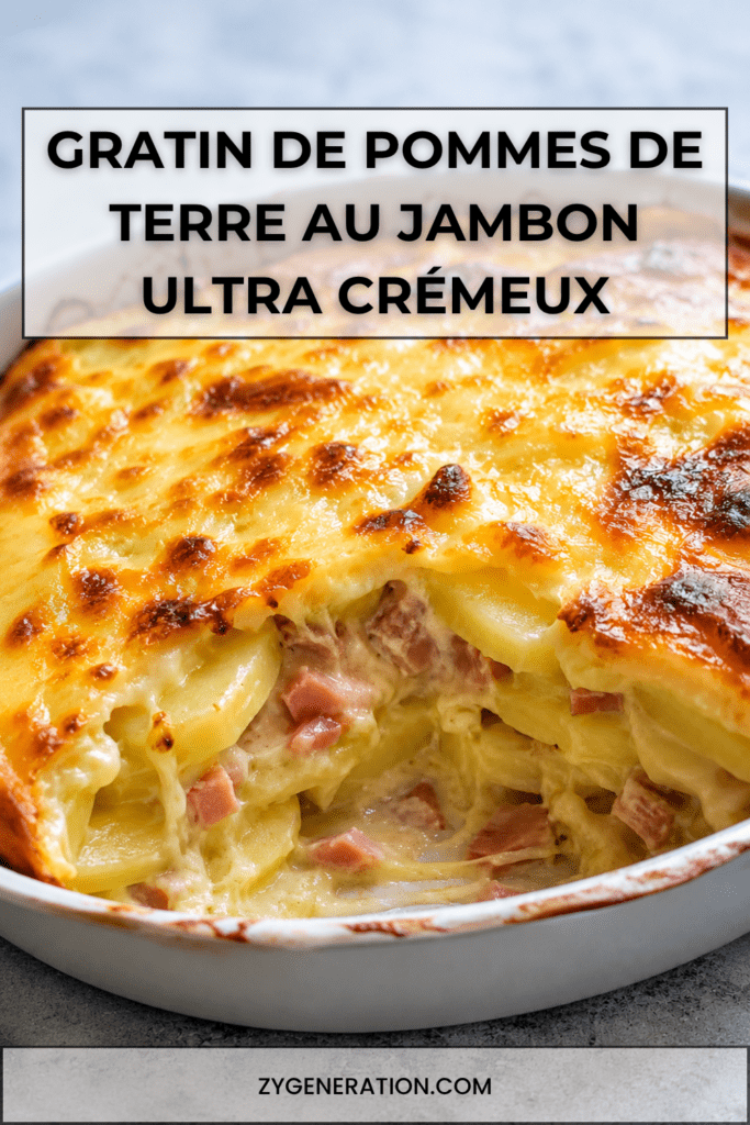 Gratin de pommes de terre crémeux au jambon et fromage, bien doré au four, servi dans un plat familial avec une texture fondante et généreuse.