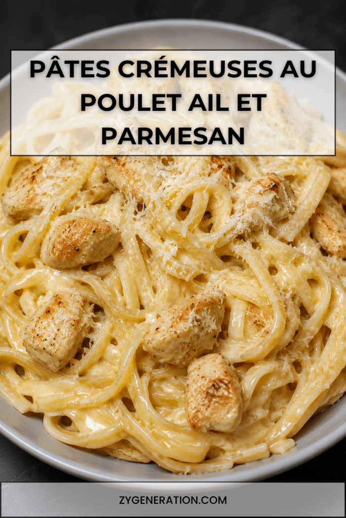 Assiette de pâtes crémeuses au poulet, ail et parmesan, avec une sauce onctueuse, des morceaux de poulet dorés et du parmesan râpé.