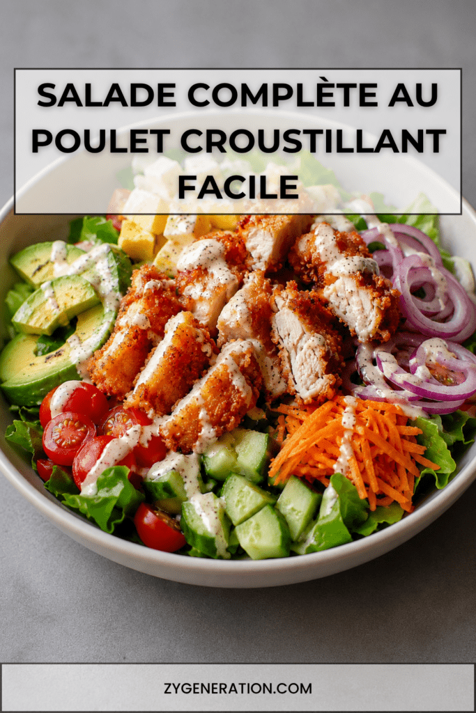 Salade complète au poulet croustillant avec salade verte, avocat, tomates, concombre, carotte râpée, oignon rouge et sauce crémeuse au yaourt.