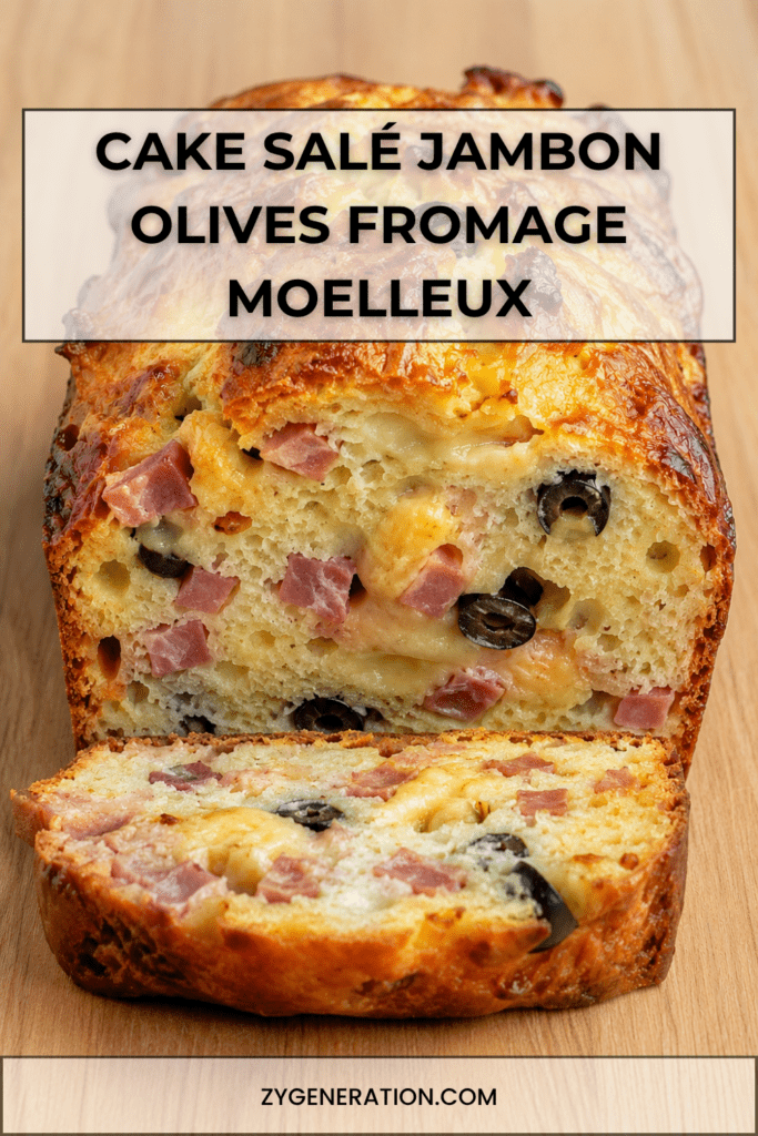 Cake salé jambon, olives et fromage coupé en tranches, avec une mie moelleuse, des morceaux d’olives, du jambon et du fromage fondu.
