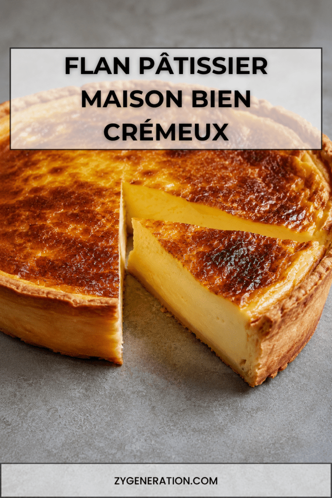 Flan pâtissier maison bien crémeux, épais et doré, posé sur une pâte croustillante avec une texture lisse et fondante à la vanille.