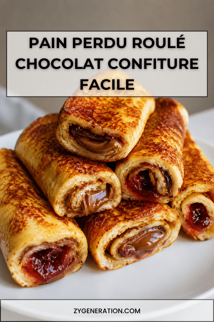 Pain perdu roulé au chocolat ou à la confiture, doré à la poêle, moelleux à l’intérieur et légèrement sucré, servi tiède pour le goûter.