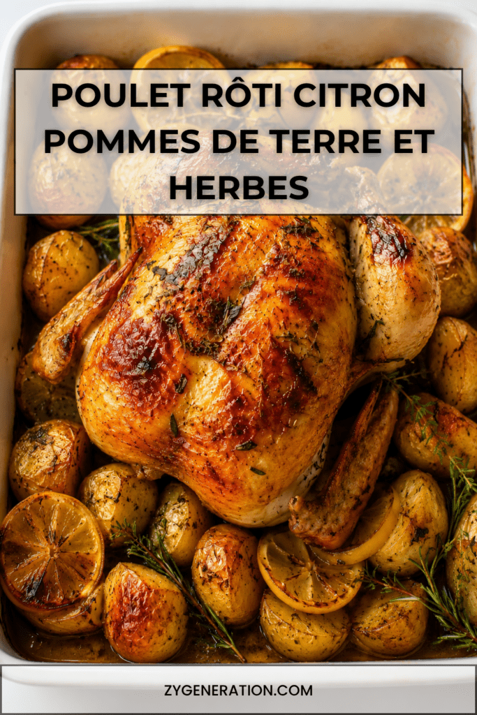 Poulet rôti au citron avec pommes de terre dorées et herbes aromatiques, servi dans un grand plat familial avec une peau croustillante et une viande tendre.