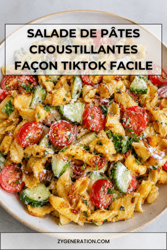 Salade de pâtes croustillantes façon TikTok servie dans un grand bol, avec tomates cerises, concombre, oignon rouge, herbes fraîches et sauce crémeuse au yaourt.