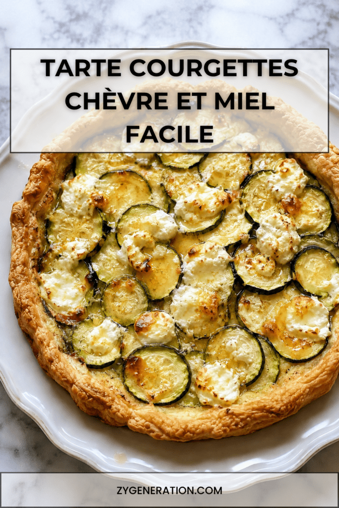 Tarte courgettes, chèvre et miel dorée au four, garnie de fines rondelles de courgettes, morceaux de fromage de chèvre fondant et filet de miel brillant.