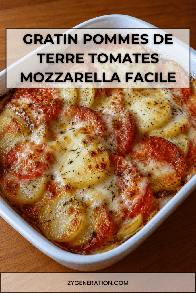Gratin de pommes de terre, tomates et mozzarella doré au four, servi dans un plat familial avec fromage fondu, rondelles de tomates et herbes de Provence.