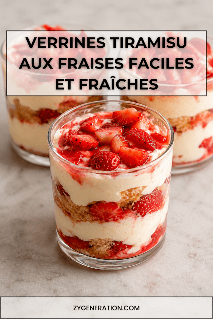Verrines façon tiramisu aux fraises avec couches de biscuits imbibés, crème mascarpone onctueuse, morceaux de fraises fraîches et décoration fruitée.