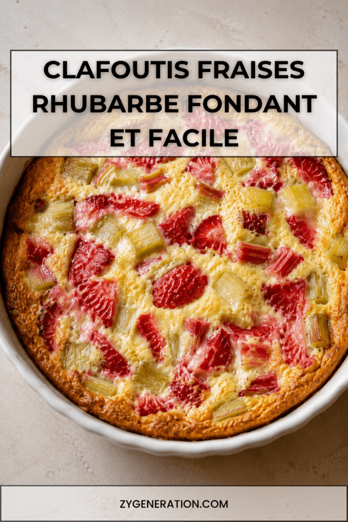 Clafoutis fraises rhubarbe fondant servi dans un plat doré, avec morceaux de fraises rouges, rhubarbe tendre et pâte moelleuse légèrement sucrée.