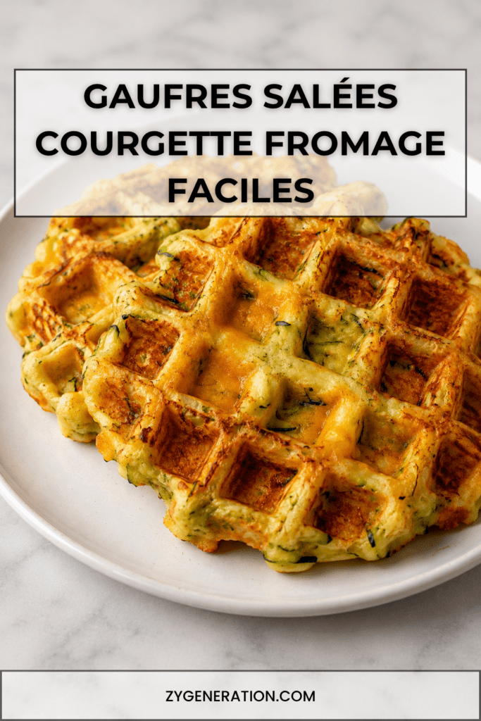 Gaufres salées courgette fromage bien dorées, croustillantes à l’extérieur, moelleuses à l’intérieur, servies avec une sauce au yaourt et des herbes fraîches.