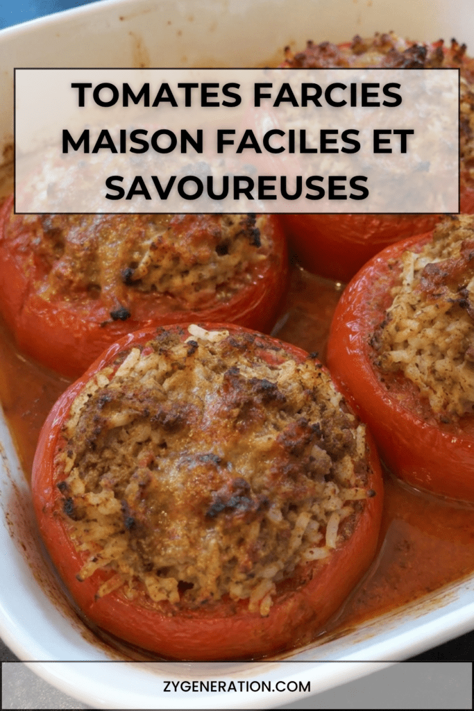 Tomates farcies maison gratinées au four avec viande hachée, riz et persil dans un plat familial rustique