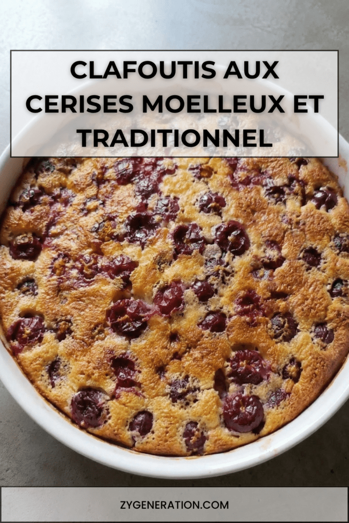 Clafoutis aux cerises maison doré et moelleux dans un plat rustique avec cerises fraîches et sucre légèrement caramélisé