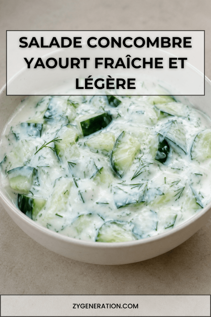 Salade concombre au yaourt avec menthe, citron et herbes servie dans un bol estival rafraîchissant