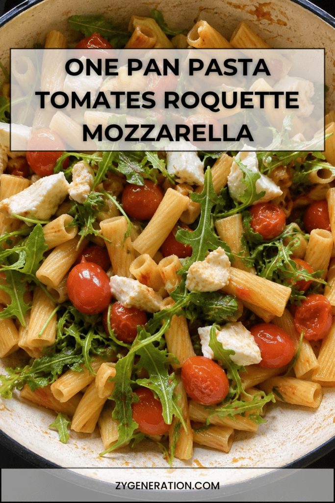 One pan pasta aux tomates cerises, roquette fraîche et mozzarella fondante dans une grande poêle italienne gourmande