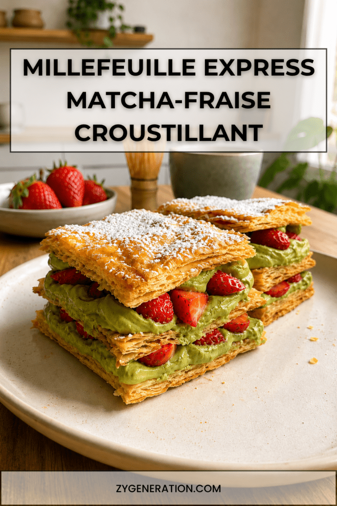 Millefeuille express au matcha et aux fraises composé de rectangles de pâte feuilletée dorée, de crème mascarpone au matcha et de fraises fraîches.