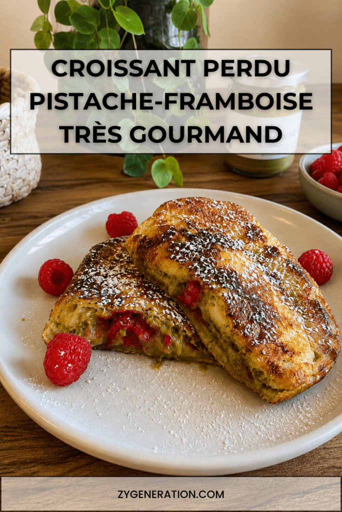 Croissant perdu doré à la poêle, garni de crème de pistache et de framboises, saupoudré de sucre glace et servi tiède.