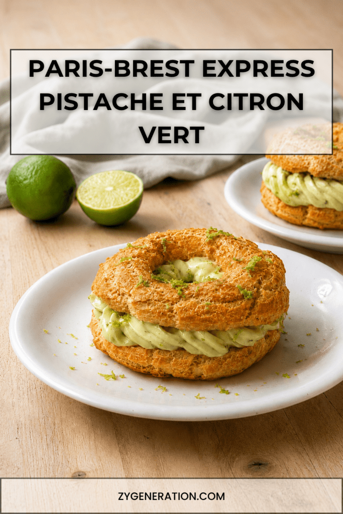 Paris-Brest express garni d’une crème pistache onctueuse au mascarpone, décoré de zestes de citron vert frais sur une pâte à choux dorée.