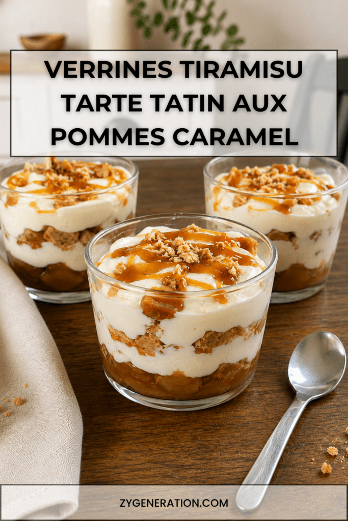 Verrines façon tiramisu tarte tatin avec couches de pommes caramélisées, biscuits émiettés, crème mascarpone et filet de caramel doré.