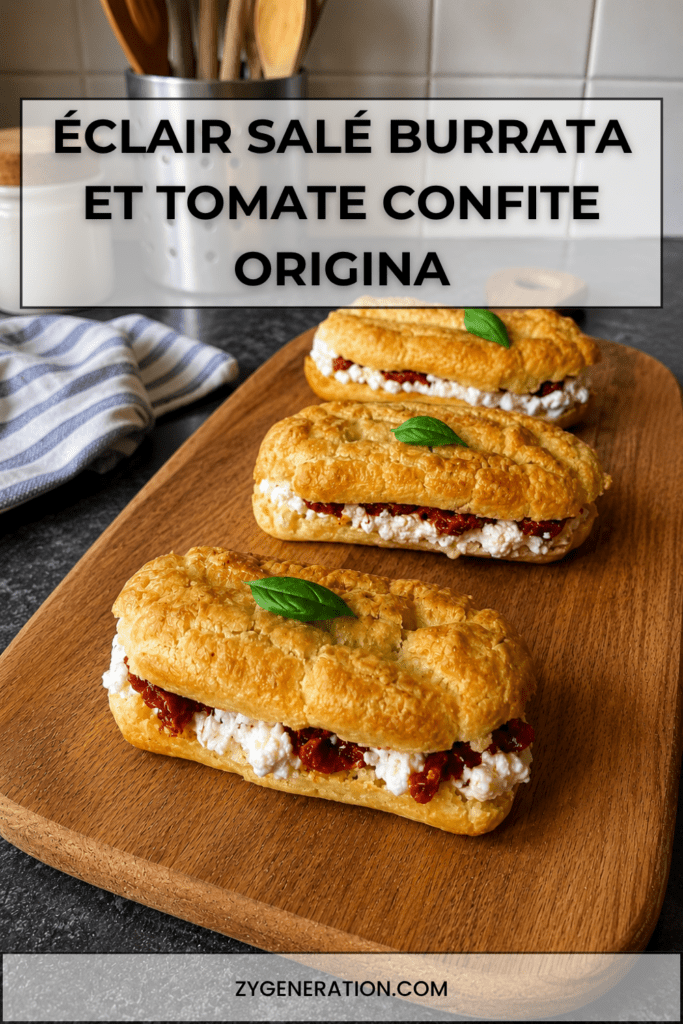 Éclair salé garni de crème de burrata à l’huile d’olive, de tomates confites rouges et de basilic frais, servi en bouchée apéritive.