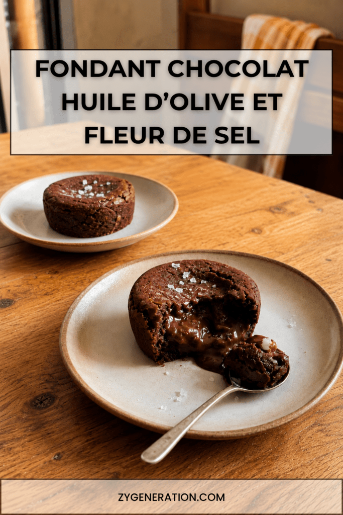 Fondant au chocolat noir servi tiède avec cœur coulant, filet d’huile d’olive douce et pincée de fleur de sel sur le dessus.