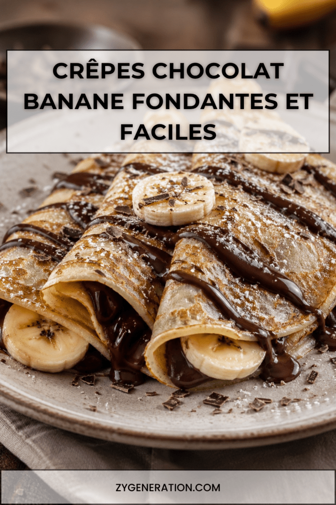 Crêpes fines et moelleuses garnies de chocolat fondant, de rondelles de banane fraîche et saupoudrées de sucre glace dans une assiette