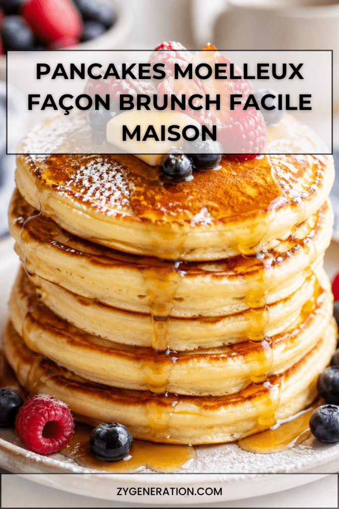 Pancakes moelleux empilés façon brunch, nappés de sirop d’érable, décorés de fruits rouges frais et légèrement saupoudrés de sucre glace.
