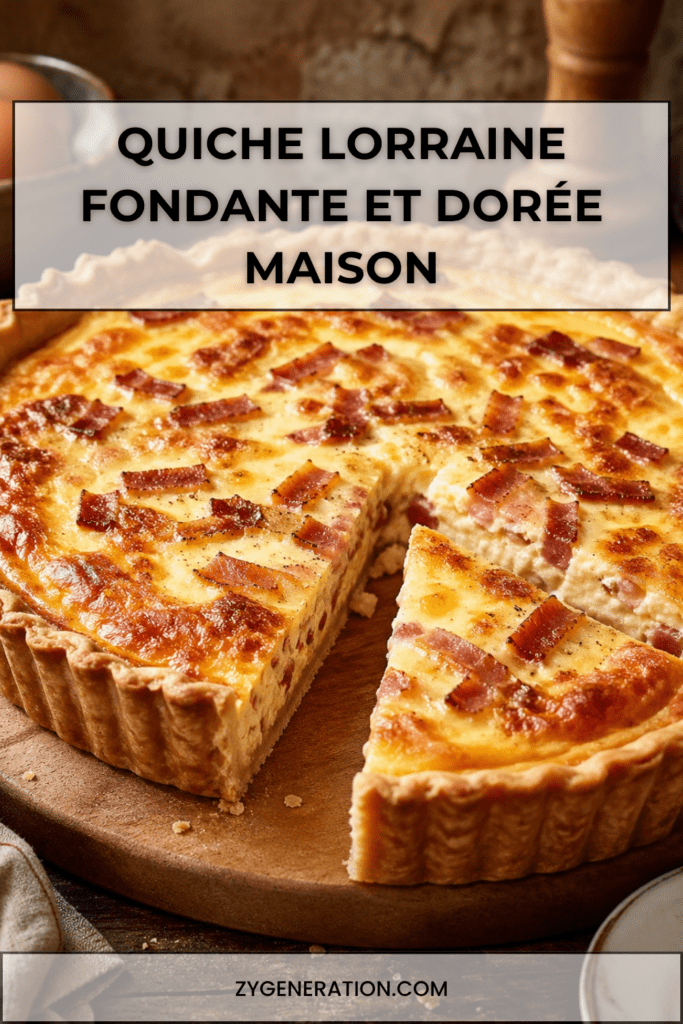 Quiche lorraine dorée dans un moule à tarte, avec une pâte brisée croustillante, une garniture crémeuse aux lardons et du fromage gratiné.