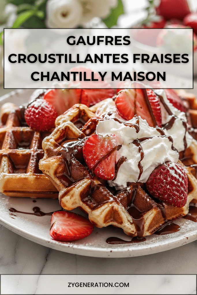 Gaufres maison dorées et croustillantes servies avec chantilly onctueuse, fraises fraîches coupées et filet de sauce chocolat.