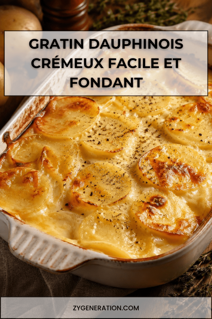 Gratin dauphinois crémeux dans un plat à gratin, avec des pommes de terre fondantes en fines rondelles, une surface dorée et une sauce à la crème parfumée à l’ail.