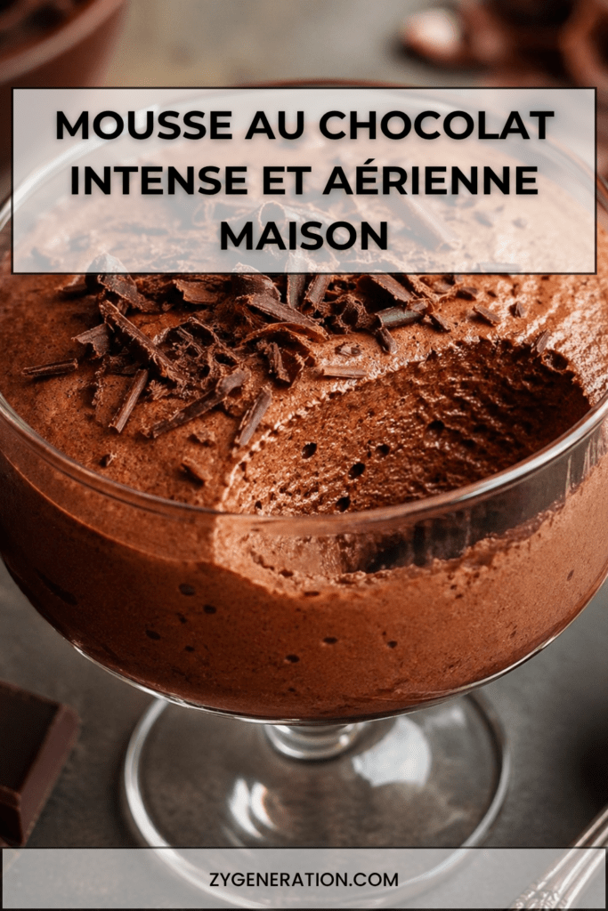 Verrines de mousse au chocolat noir intense, texture aérienne et fondante, décorées de copeaux de chocolat sur le dessus.
