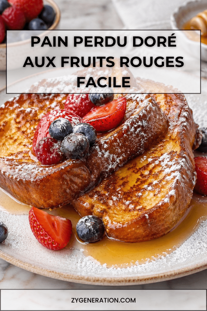 Tranches de pain perdu dorées et moelleuses servies avec des fruits rouges frais, un filet de miel et une légère touche de sucre glace.