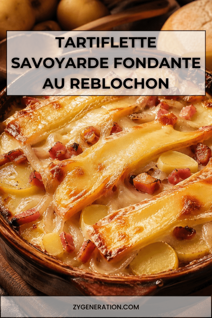 Tartiflette savoyarde servie dans un plat à gratin, avec pommes de terre fondantes, lardons dorés, oignons et reblochon gratiné.