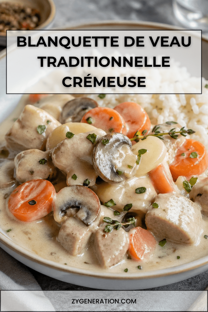 Blanquette de veau traditionnelle servie chaude avec morceaux de veau tendres, carottes fondantes, champignons et sauce blanche crémeuse.