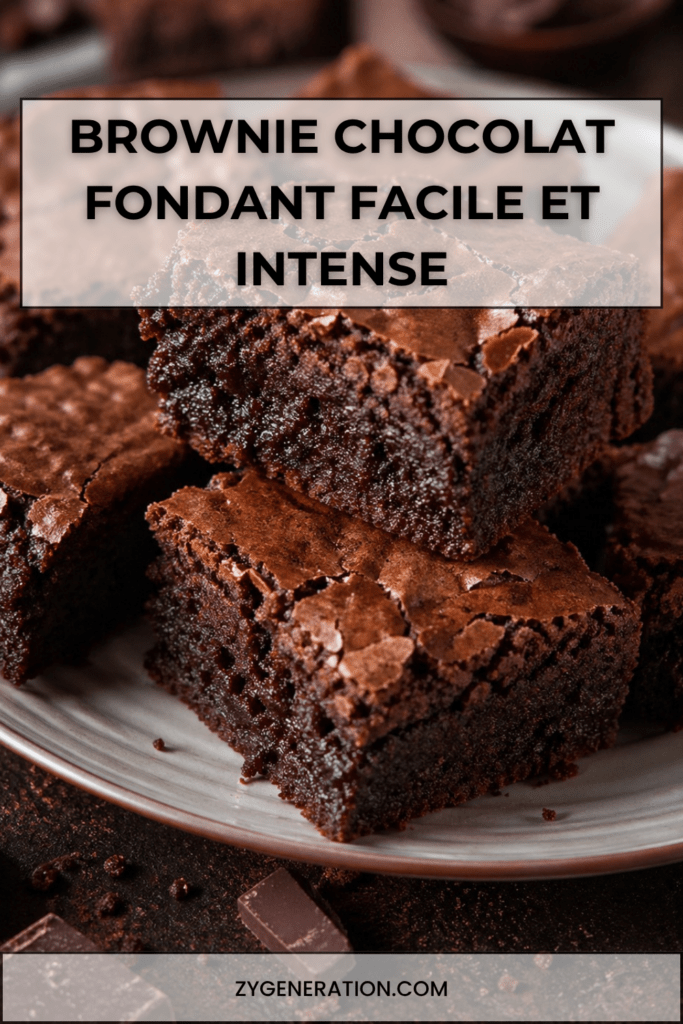 Carrés de brownie au chocolat noir fondant, avec une surface légèrement craquante, des noix visibles et un cœur dense et moelleux.