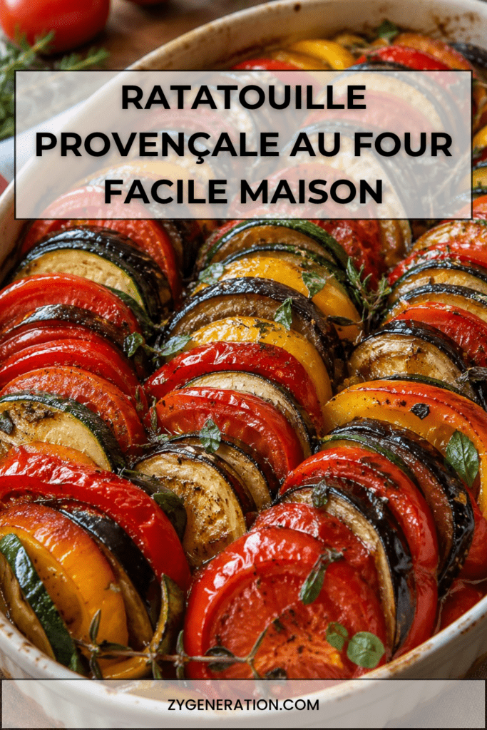 Ratatouille provençale au four avec rondelles d’aubergine, courgettes, tomates et poivrons joliment alternées dans un plat gratiné.