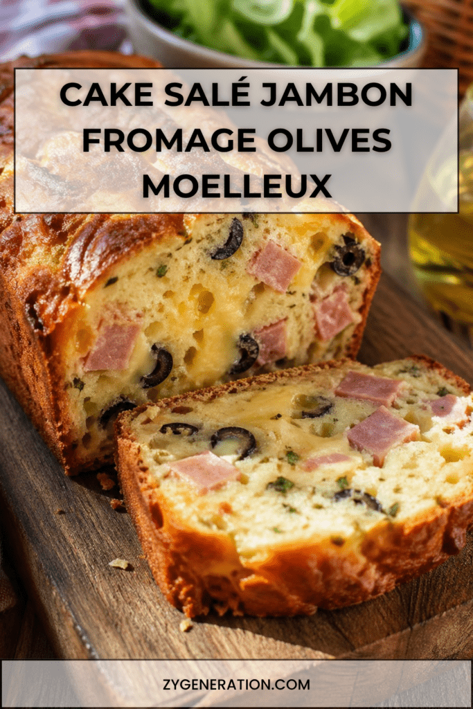 Cake salé jambon fromage olives coupé en tranches, avec une texture moelleuse, une croûte dorée et des morceaux d’olives visibles.