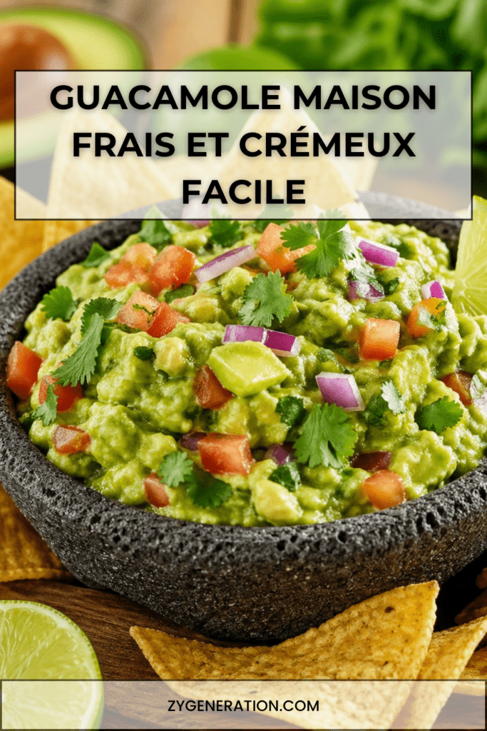 Guacamole maison frais et crémeux servi dans un bol, avec morceaux de tomate, oignon rouge, coriandre et chips tortilla autour.