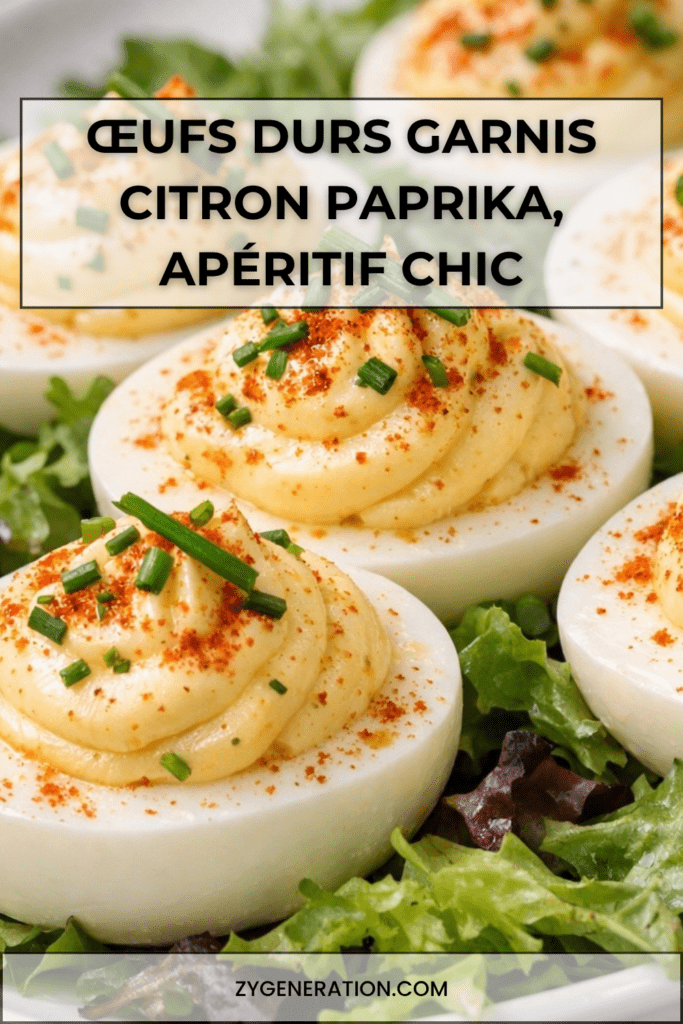Œufs durs garnis à la mayonnaise citronnée, saupoudrés de paprika fumé et servis sur un lit de roquette fraîche.