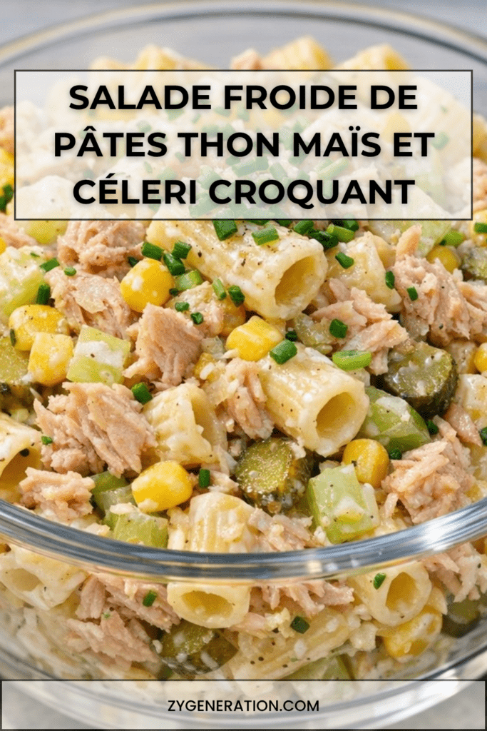 Salade froide de pâtes au thon, maïs doux et céleri croquant, servie bien fraîche avec une sauce crémeuse au yaourt.