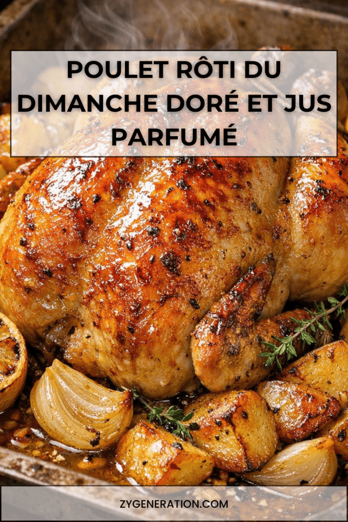 Poulet rôti entier à la peau dorée, servi avec pommes de terre fondantes, citron, ail, thym et jus de cuisson parfumé.