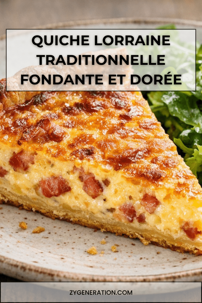 Quiche lorraine traditionnelle dorée, garnie de lardons fumés, servie en parts avec une pâte croustillante et une salade verte.