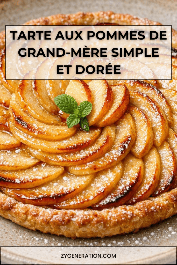 Tarte aux pommes maison de grand-mère, garnie de fines lamelles de pommes dorées, sur une pâte croustillante et légèrement brillante.