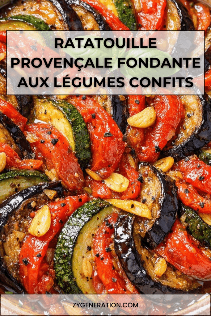 Ratatouille provençale fondante aux aubergines, courgettes, poivrons et tomates confites, servie dans un plat rustique.