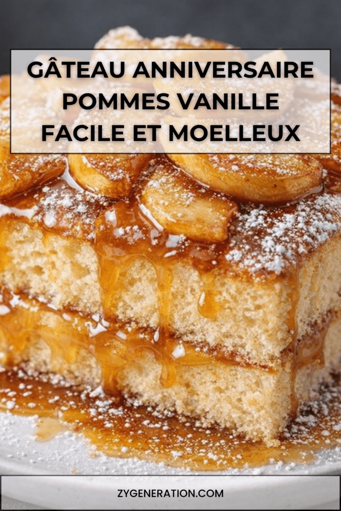 Gâteau d’anniversaire rond aux pommes caramélisées et vanille, décoré de lamelles de pommes brillantes et d’un léger voile de sucre glace.