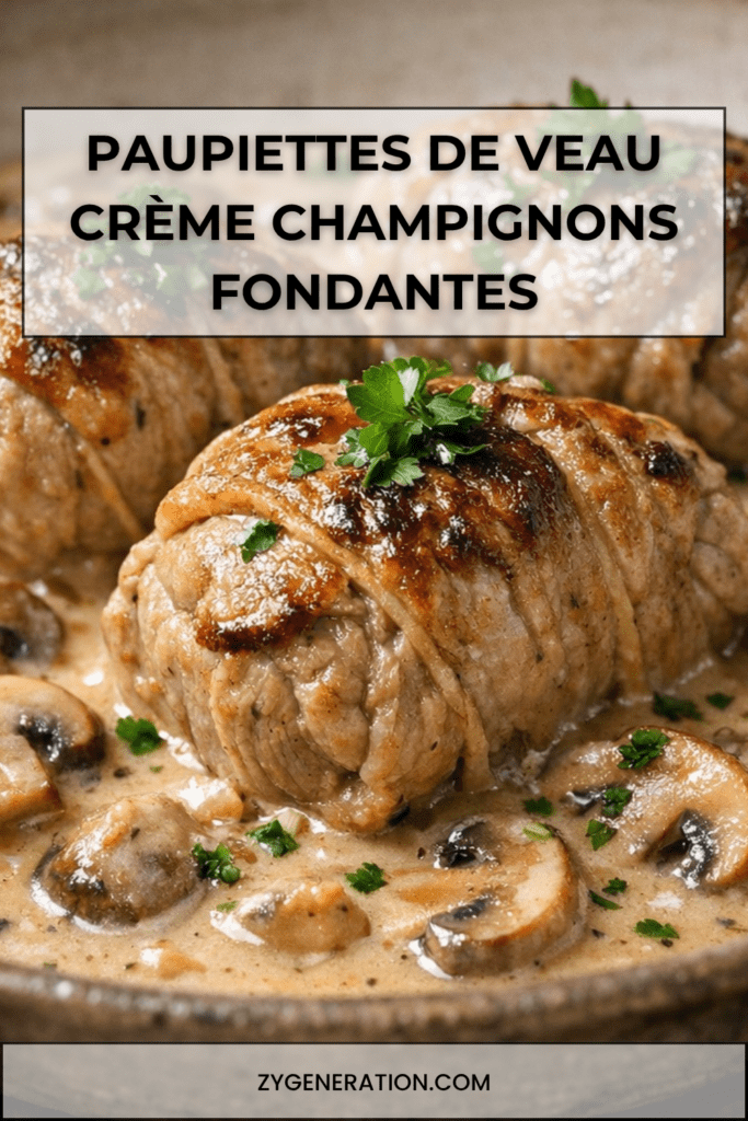 Paupiettes de veau mijotées aux champignons de Paris dans une sauce crémeuse, servies avec persil frais et purée maison.