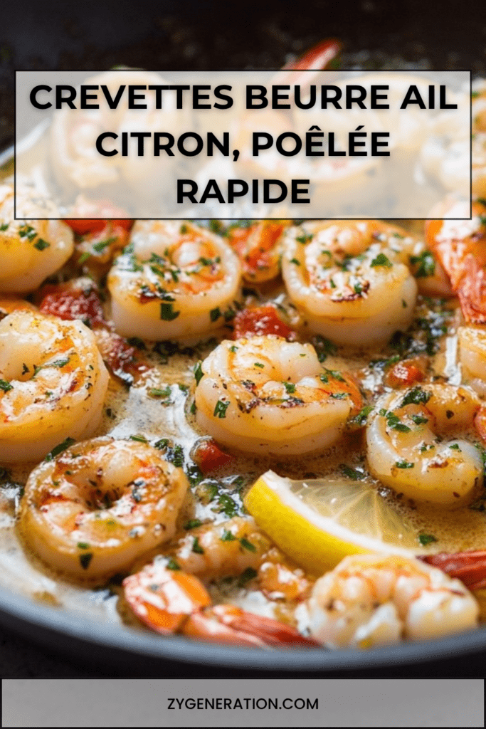 Poêlée de crevettes dorées au beurre à l’ail et au citron, parsemées de persil frais et servies avec du pain croustillant.