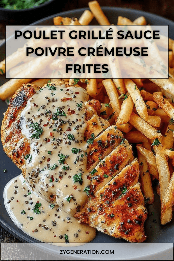 Poulet grillé doré nappé de sauce crémeuse au poivre, servi avec des frites croustillantes et du persil frais dans une assiette façon bistrot