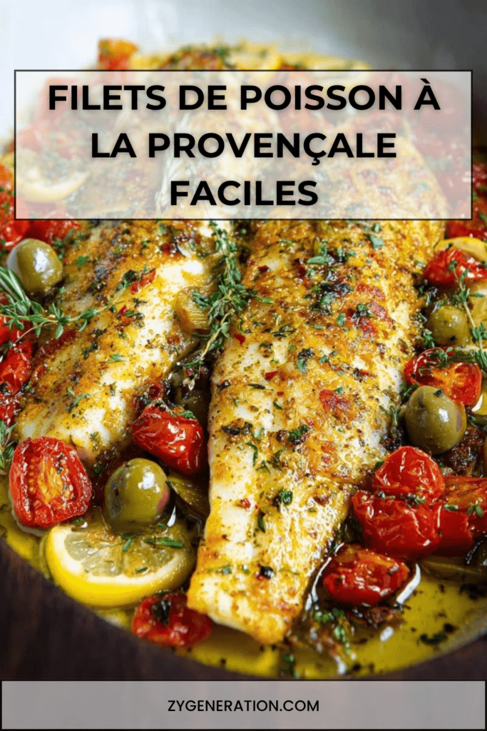 Filets de poisson blanc à la provençale cuits au four avec tomates cerises, olives, citron, thym frais, huile d’olive et persil haché