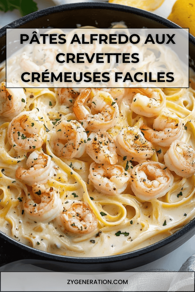 Pâtes Alfredo crémeuses aux crevettes servies dans une assiette creuse, avec sauce au parmesan, ail, persil frais et poivre noir