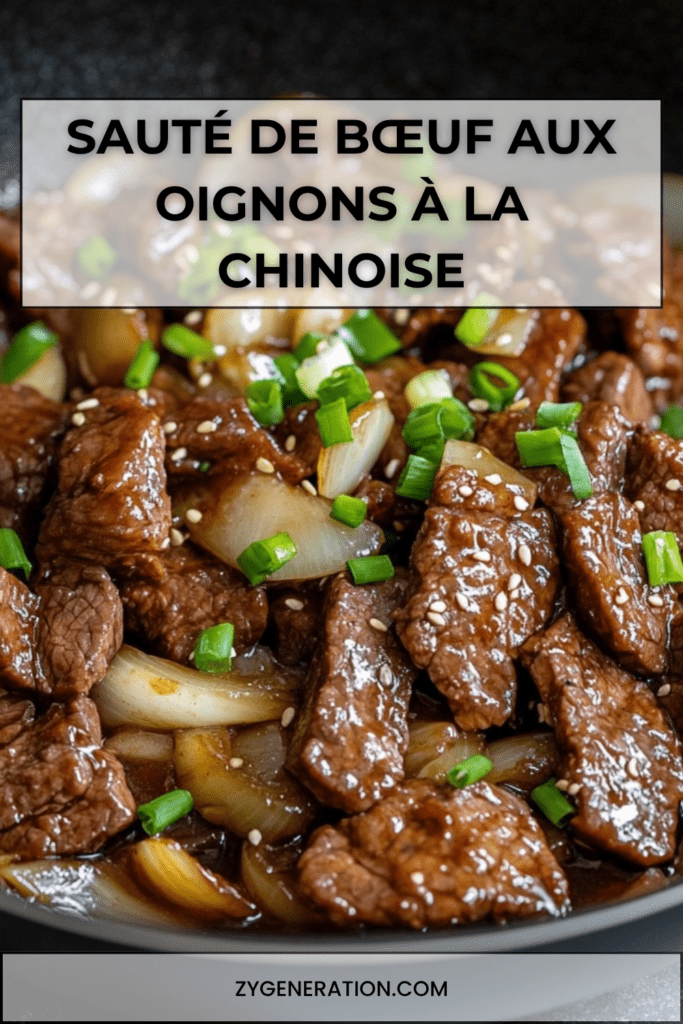 Sauté de bœuf aux oignons à la chinoise servi avec riz blanc, lamelles de bœuf tendres, sauce brillante, ail, oignons fondants et ciboule fraîche